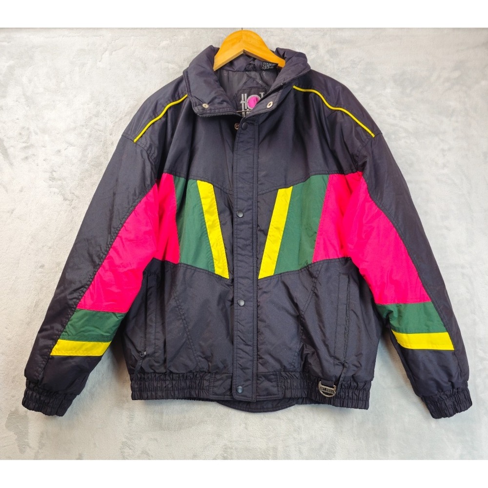 Hot Music Vintage 80s 90s Jacket Large Black Red Green Colorblock Winter Coat